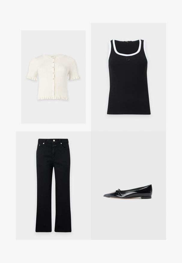 Weißer kurzes, geripptes Cardigan mit rundem Ausschnitt, Knopfleiste vorne und Rüschen an Ärmeln und Saum.; Schwarzes, geripptes Tanktop mit weißem Besatz am Ausschnitt und an den Armöffnungen, mit einem kleinen, gestickten Herzdesign in der Mitte der Brust.; Schwarze Jeans mit geradem Bein, im Fünf-Taschen-Stil, mit Metallbeschlägen und einer weichen Denim-Textur. Minimalistisch und einheitlich in der Farbe.; Schwarze Lackleder-Ballerina mit spitzem Zehenbereich, kleinem dekorativen Riemen und niedrigem Blockabsatz. Glatte Textur und elegantes Design.