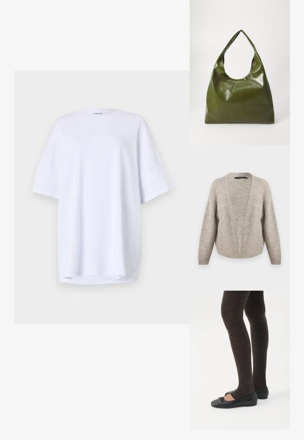 Cárdigan de lana beige con un profundo escote en V, textura acanalada, mangas anchas y un dobladillo corto. Material suave y cálido con un patrón sutil.; Camiseta blanca de algodón de manga corta y corte oversize. Cuello redondo, aberturas laterales en el dobladillo y textura suave sin patrones o acentos visibles.; Piernas con leggings oscuros acanalados combinados con bailarinas negras que presentan pequeños detalles de lazo sobre un fondo blanco.; Bolsa hobo verde de cuero con un diseño suave, asa curvada y textura lisa. No contiene hardware visible ni acentos.