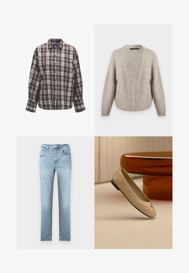Beige uld cardigan med dyb V-udskæring, ribbet tekstur, brede ærmer og cropped kant. Blødt, varmt materiale med et subtilt mønster.; Brun og hvid ternet skjorte med krave, lange ærmer og knaplåsning foran. Har et tjekkermønster med varierende stripebredder og tekstur.; Lyseblå højttaljede jeans med lige ben, front- og baglommer, knaplukning og diskret falmning på lår og knæ.; Beige læder balletflat med sort sål og guldemblem på tåen, placeret på cremefarvet tæppe ved siden af afrundet ravfarvet møbel.