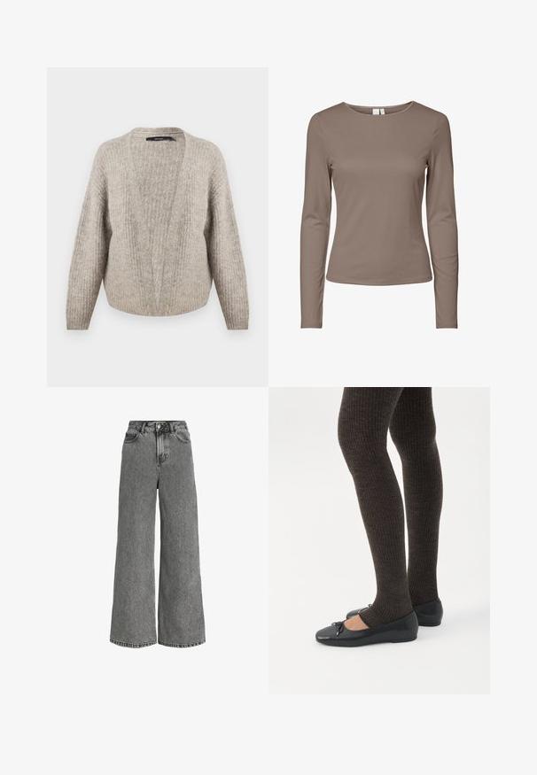 Beige wol cardigan met een diepe V-hals, ribbeltextuur, brede mouwen en een verkorte zoom. Zacht, warm materiaal met een subtiel patroon.; Langdurige fitted crew neck shirt in effen taupe kleur met een simpel ontwerp en ribbelstructuur.; Grijze denim jeans met hoge taille, wijde pijpen, voorste knoopsluiting, ritssluiting en ontwerp met vijf zakken.; Benen met donkere geribbelde leggings gecombineerd met zwarte ballerina's met kleine strikdetails op een witte achtergrond.