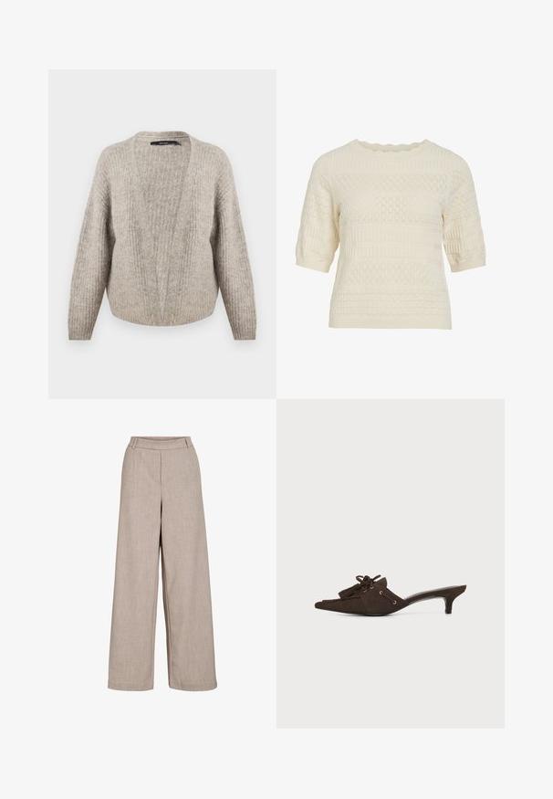 Cárdigan de lana beige con un profundo escote en V, textura acanalada, mangas anchas y un dobladillo corto. Material suave y cálido con un patrón sutil.; Top de punto crema de manga corta con escote ondulado y patrones texturizados de rombos y canalé por toda la prenda.; Pantalones anchos beige hechos de tejido liviano. Cuentan con una textura suave, una cintura ajustada y bolsillos laterales para un detalle funcional.; Zueco puntiagudo de ante marrón oscuro con tacón bajo de tipo kitten, borlas decorativas y detalle de encaje sobre fondo blanco.