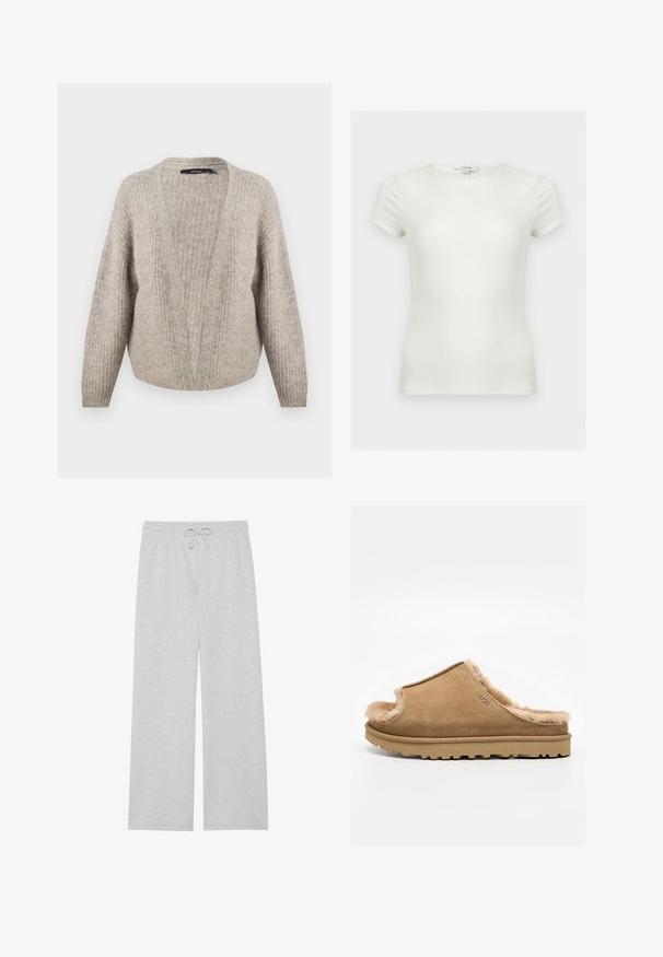 Beige uld cardigan med dyb V-udskæring, ribbet tekstur, brede ærmer og cropped kant. Blødt, varmt materiale med et subtilt mønster.; Plain hvid tætsiddende t-shirt med korte ærmer og rund halsudskæring, vist på en neutral baggrund.; Lys grå træningsbukser i blød bomuldsblanding, med en vidde ben-design, elastisk talje med justerbar snor og uden lommer.; Beige ruskind slip-on sutsko med blødt fleecefor og gummisål, med et side-UGG-logo på en ens hvid baggrund.