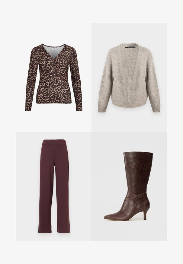 Beige uld cardigan med dyb V-udskæring, ribbet tekstur, brede ærmer og cropped kant. Blødt, varmt materiale med et subtilt mønster.; Langærmet top med leopardmotiver og V-udskæring, der har en samling i midten og er lavet af et blødt, strækbart stof.; Bordeaux vidde bukser lavet af blødt stof, med høj talje og sidelommer. Glat tekstur med en lige silhuet.; Brune faux læder ankelstøvle med spids tå, tekstureret slangeprint og en 5 cm hæl, der har et slankt og strømlinet design.