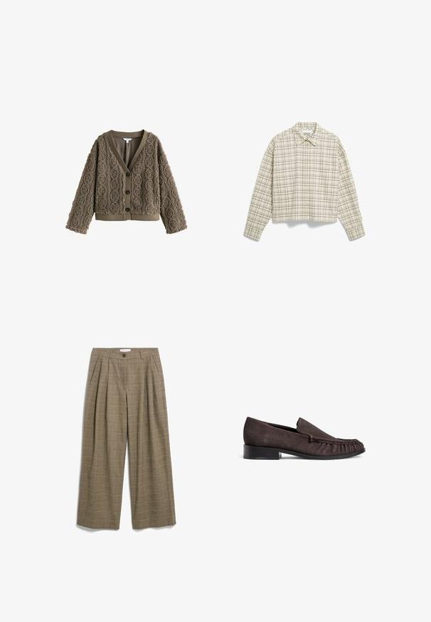 Cardigan marron, texturé avec un motif en maille torsadée, encolure en V et boutons foncés. Présente des poignets et un ourlet côtelés pour le contraste.; Chemise courte boutonnée en tissu beige clair avec motif à carreaux noirs, dotée d'un col pointu et d'une poche poitrine unique.; Pantalon à carreaux marron à jambes larges avec plis, fermeture par bouton et passants pour ceinture, posé à plat sur fond blanc.; Mocassins en suede marron avec un petit talon noir et des détails froncés à l'avant. Texture lisse, bout arrondi et design minimaliste.