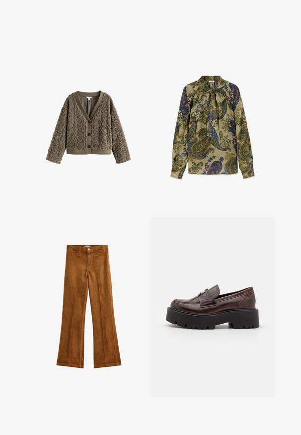 Brun, tekstureret cardigan med et kabelstrik mønster, V-hals og mørke knapper. Har ribbede manchetter og kant for kontrast.; Langærmet bluse med grøn bund og flerfarvet paisley-mønster, med høj hals, der er bundet med en sløjfe foran.; Brune fløjl flared bukser med en tekstureret finish, fem lommer og knaplukning. Flad talje med bæltestropper og et bred ben design.; Madden Girl CALISTA - Loafers - brown