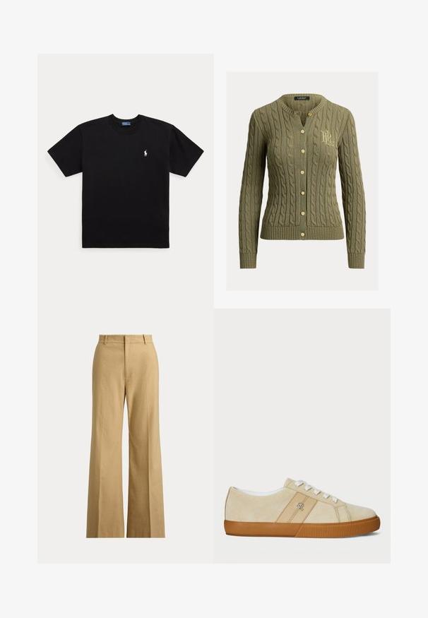 Olijfgroene kabelgebreide cardigan met gouden knopen, geribbelde boorden en zoom en geborduurd "RL"-logo op de linkerborst.; Zwart T-shirt met korte mouwen en ronde hals met klein wit geborduurd Polo Ralph Lauren-logo op de linkerborst.; Beige wijde broek met hoge taille, riemlussen, voorrits en vlak voorpand tegen een witte achtergrond.; Beige suède sneakers met witte veters en een rubberen gumzool. Voorzien van een logo aan de zijkant en een gladde textuur. Klassiek laag ontwerp.