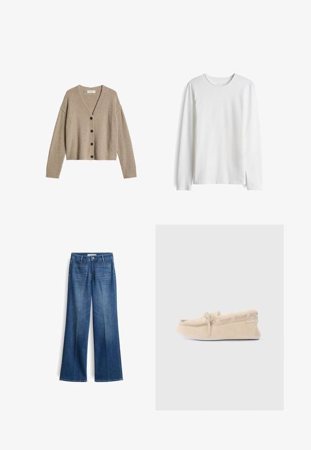 Beige textuurgebreide cardigan met lange mouwen, V-hals en vier zwarte knopen aan de voorkant, plat uitgespreid op een witte achtergrond.; Langsleeve witte t-shirt van zacht katoen. Heeft een ronde halslijn en een rechte snit met minimale naden en geen zichtbare logo's of patronen.; Wijde blauwe denim jeans met een middelhoog taille, twee achterzakken en subtiele stikdetails, gemaakt van een stevige katoenmix.; Suèdine slipper in lichtbeige met een ronde neus, een decoratieve strik en gestikte accenten. Zachte textuur en flexibele zool.