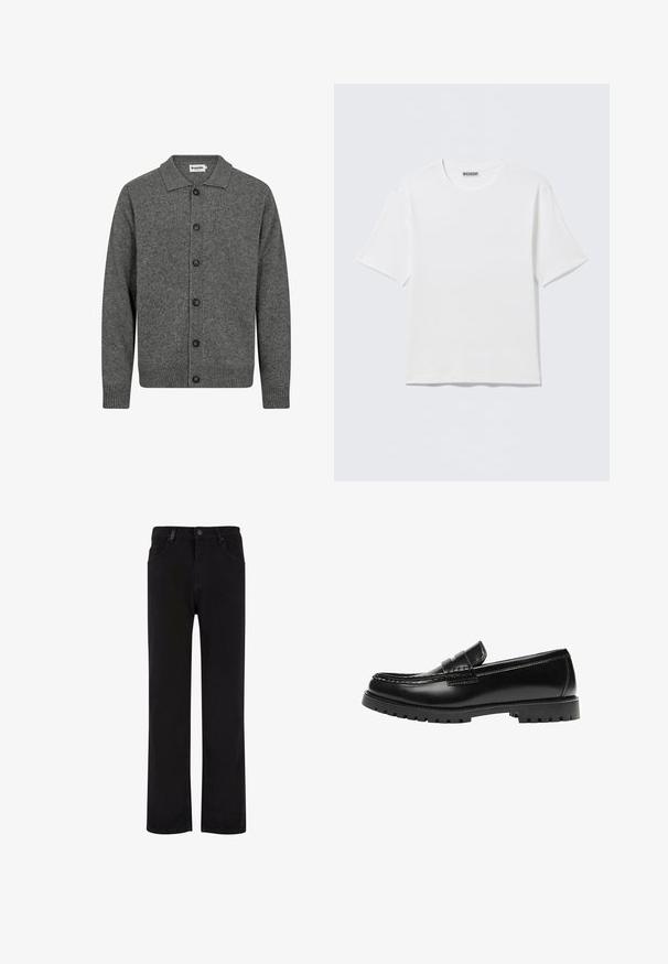 Grå strikket cardigan med krave, frontknapper, ribbede manchetter og kant. Lavet af blødt uldblandingsmateriale.; Hvid, kortærmet t-shirt med rund hals og et lille "WEEKDAY"-mærke på indersiden af bagkraven, vist på en flad overflade.; Sorte denimbukser med lige ben design, der har en knaplukning, bælteløjfer og forlommer. Glat tekstur og ensartet farve.; Sort læderloafer med en kraftig gummisål og klassiske penny-strap detaljer, vist fra ydersiden.