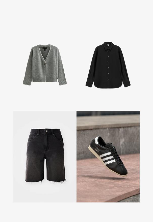 Graue Strickjacke mit V-Ausschnitt, durchgehender Knopfleiste vorne sowie gerippten Bündchen an Ärmeln und Saum. Auffällige kontrastierende Nähte entlang der Kanten.; Schwarzes langärmliges Hemd mit Knöpfen, spitzem Kragen, geknöpften Manschetten und abgerundetem Saum, dargestellt auf weißem Hintergrund.; Schwarze Denim-Shorts mit einer ausgewaschenen Optik, fransigem Saum, klassischem Fünf-Taschen-Design und einem Knopfverschluss. Dicke Nähte ergänzen das Gesamtbild.; Schwarzer Ledersneaker mit weißen Streifen und Sohle, geschnürt, schwebt über einer rosa gefärbten Betontfläche vor einer grauen Steinmauer im Hintergrund.