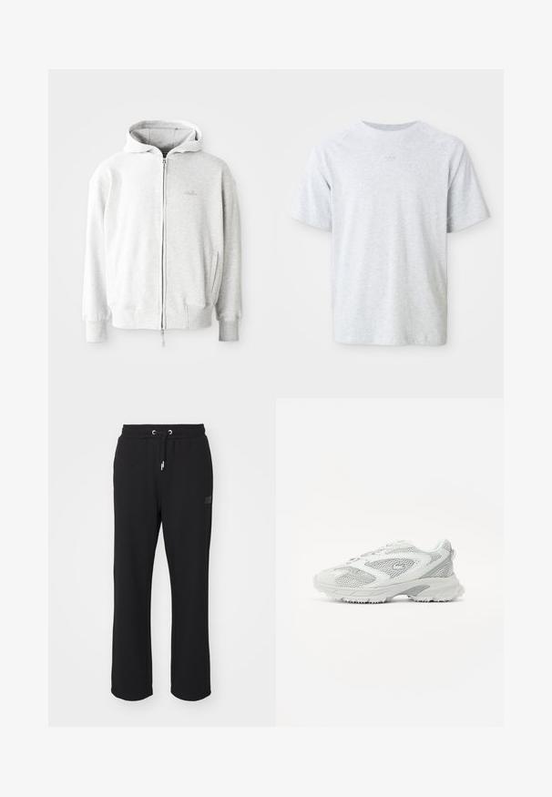 Haut de survêtement zippé gris clair avec capuche à cordon, poignets et ourlet côtelés, et un petit logo sur la poitrine. Fabriqué en tissu doux en mélange de coton.; T-shirt à col rond gris clair à manches courtes avec un logo tonal subtil centré sous le col, devant uni et coupe décontractée.; Ellesse MACCHIE - Pantalon de survêtement - black; Baskets blanches avec des détails en maille, une semelle texturée et des accents lisses. Possède un bout arrondi et un col rembourré pour le confort.