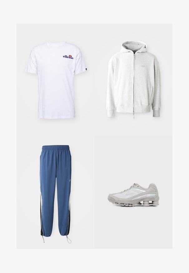 Hellgrauer Zip-Hoodie mit Kordelzugkapuze, gerippten Bündchen und Saum sowie einem kleinen Logo auf der Brust. Aus weichem Baumwollmix hergestellt.; Weißes Baumwoll-T-Shirt mit kurzen Ärmeln, das ein marineblaues gesticktes Logo auf der linken Brust und einen lebhaften Farbakzent über dem Logo präsentiert.; Blaue Sporthose mit elastischem Bund, schmaler Passform und schwarzen Seitenpanelen. Mit Kordelzug an den Bündchen und Logo-Emblem.; Grauer und weißer Sportschuh mit Mesh-Einsätzen, Schnürdesign und einer einzigartigen federähnlichen Sohle für Dämpfung und Unterstützung.