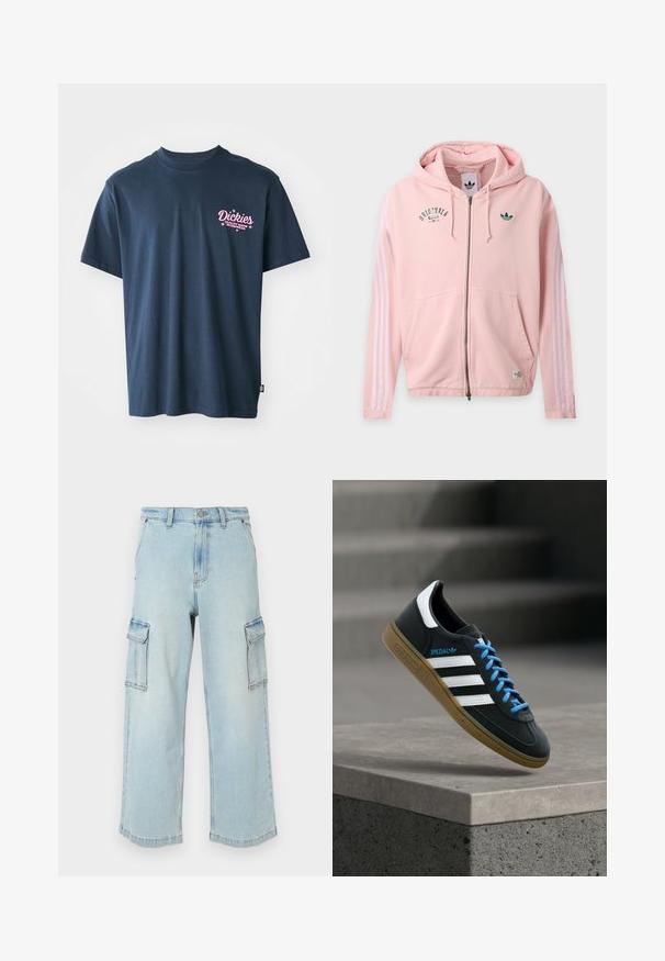 Svetloružová mikina na zips s kapucňou, prednými vreckami, bielymi tromi pruhmi na rukávoch a zelenými logami Adidas Originals na hrudi a rukáve.; Námornícky modré bavlnené tričko s ružovým potlačeným logom na hrudi a textom "Dickies Quality Made Workwear." Krátke rukávy, štandardný strih.; Svetlomodré deninové cargo nohavice so širokými nohavicami, obsahujúce dva bočné vrecká, zapínanie na gombík a mierne vyblednutú textúru.; Čierna teniska Adidas s bielymi pruhmi, modrými šnúrkami a gumovou podrážkou, ktorá sa vznáša nad sivým betónovým schodom v mäkkom svetle.