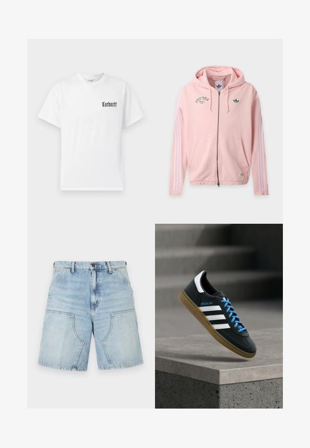Sweat à capuche zippé rose clair avec capuche, poches avant, manches blanches à trois bandes et logos Adidas Originals verts sur la poitrine et la manche.; T-shirt en coton blanc à manches courtes, arborant un logo "Carhartt" noir sur la zone gauche de la poitrine dans une police stylisée.; Shorts en denim bleu clair avec grandes poches avant, passants pour ceinture, et fermeture par bouton et zip.; Baskets Adidas noires avec des rayures blanches, des lacets bleus et une semelle en gomme flottant au-dessus d'une marche en béton grise sous une lumière douce.
