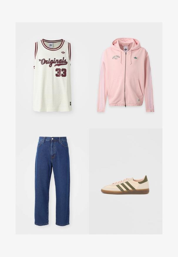 Svetloružová mikina na zips s kapucňou, prednými vreckami, bielymi tromi pruhmi na rukávoch a zelenými logami Adidas Originals na hrudi a rukáve.; Biely sieťovaný bezrukávový dres s marhuľovými akcentmi, textom "The Originals", číslom 33 a malým logom na ľavom prse.; Džínsy s vysokým pásom modrej farby vyrobené z denimu, so siluetou rovného strihu, viditeľným šitím a predným zapínaním na gombík.; Nízky béžový tenisky Adidas Spezial so zelenými pruhmi, gumovou podrážkou a nápisom „SPEZIAL“ na boku, zobrazené z vonkajšej strany.