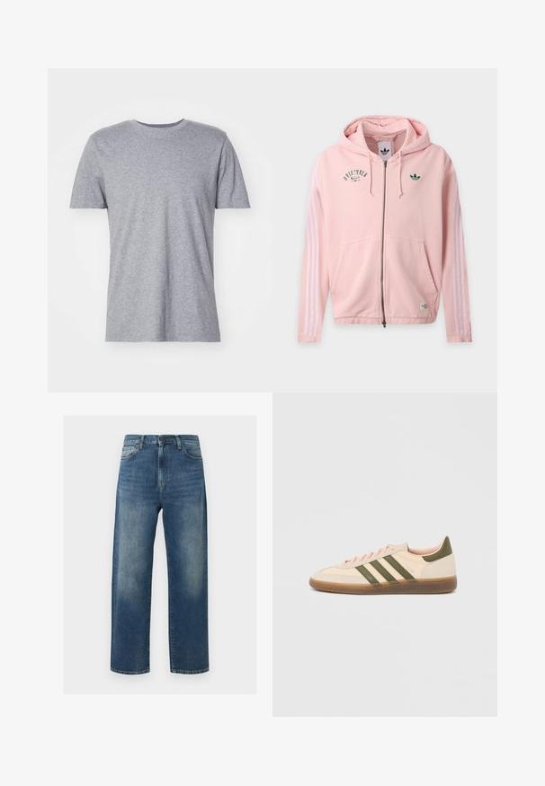 Lichtroze zip-up hoodie met capuchon, voorzakken, witte drie-strepen mouwen en groene Adidas Originals-logo's op borst en mouw.; Grijze, korte mouwen t-shirt gemaakt van een katoenmix, met een klassieke ronde halslijn en een gladde, zachte textuur.; Blauwe jeans met rechte pijpen, met vervaagde plekken op de dijen, vijfzakkenmodel en een sluiting met knoop en rits.; Beige Adidas Spezial sneaker met een laag profiel, groene strepen, een gumkleurige zool en "SPEZIAL" branding aan de zijkant, gezien vanaf de buitenzijde.