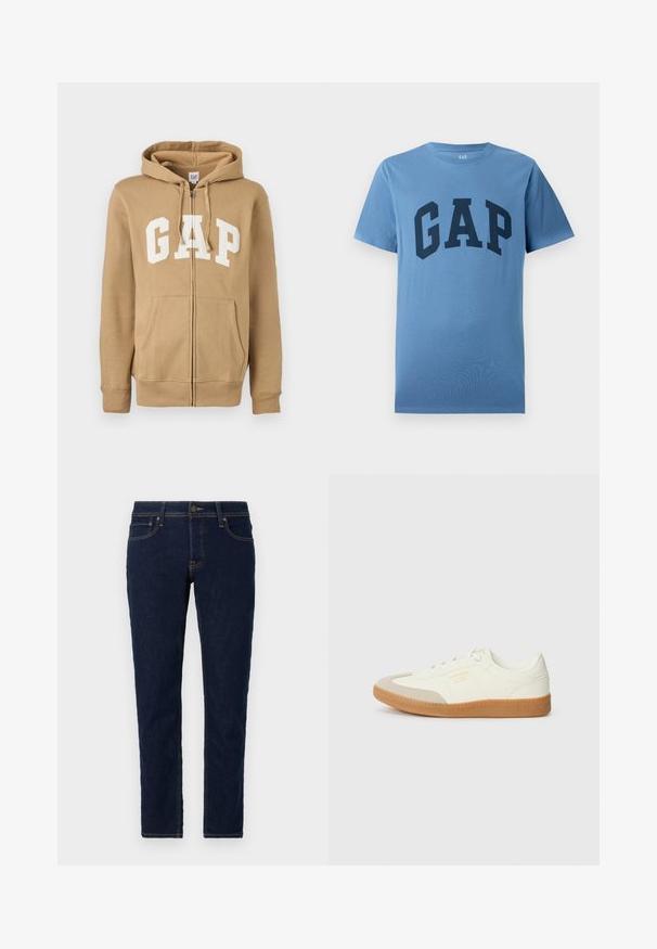 Béžová mikina na zips so predným vreckom a bielym logom "GAP". Vyrobená z mäkkého materiálu s rebrovanými manžetami a lemom.; Modrá krátkotrídlová tričko s okrúhlym výstrihom a veľkým tmavomodrým nápisom "GAP" potlačeným na hrudi.; Tmavomodré denimové džínsy so Slim fit strihom. Obsahujú štandardný dizajn piatich vreciek, kontrastné prešívanie a kovový gombík na zapínanie.; Tenisky vyrobené z bielej kože s béžovou špičkou a svetlohnedou gumovou podrážkou. Majú ploché biele šnúrky a embosované logo na boku.