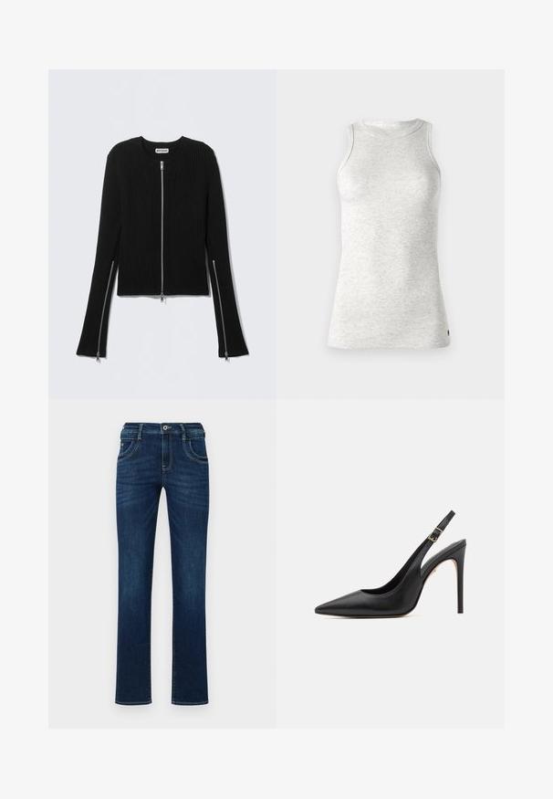 Zwarte geribbelde trui met een ronde hals en een volledige rits aan de voorkant, voorzien van lange mouwen met ritsen bij de polsen en een cropped pasvorm.; Replay Top - super light grey; Donkerblauwe denim jeans met een rechte pijp, vijf zakken en een standaard knoopsluiting. Bevat subtiele stikdetails.; Zwarte leren hoge hak slingback schoen met spitse neus, voorzien van een dunne hak en een verstelbare enkelband met een gouden gesp.