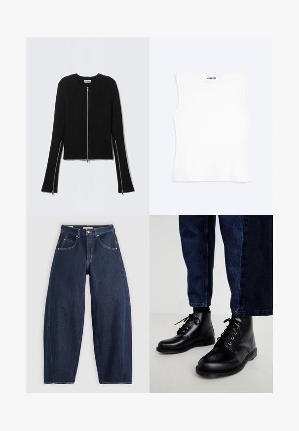 Zwarte geribbelde trui met een ronde hals en een volledige rits aan de voorkant, voorzien van lange mouwen met ritsen bij de polsen en een cropped pasvorm.; Wit nauwsluitend mouwloos tanktopje met een ronde halslijn en minimalistisch ontwerp, met het label "WEEKDAY" aan de binnenkant van de kraag.; Donkerblauwe denim jeans met een losse fit, lichte stiksels, vijf zakken en een knoopsluiting op de taille.; Zwarte leren enkellaarzen met ronde neuzen, een vetersluiting, zilveren veteroogjes en getextureerde zolen, gecombineerd met donkerblauwe spijkerbroeken.