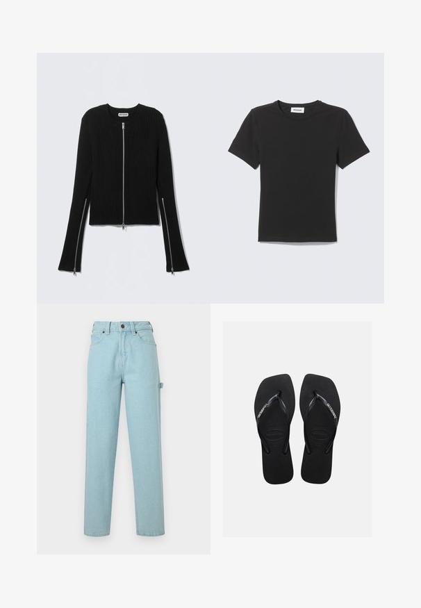 Sort ribstrikket sweater med rund halsudskæring og fuld frontlynlås, med lange ærmer med lynlåse ved håndleddene og en kort pasform.; Sort T-shirt med korte ærmer og rund hals lagt fladt med et lille hvidt mærke inde i kraven mod en lys baggrund.; Lyseblå denimjeans med lige ben, fem-lomme design og en linning med bæltestrop. Let tekstureret stof.; Sorte gummiflip-flops med teksturerede såler og tynde stropper med Havaianas-logo i hvidt på en ensfarvet baggrund.