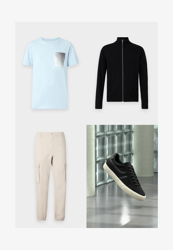 Suéter negro de manga larga con cremallera, con cuello, puños y dobladillo de canalé, sobre un fondo blanco liso.; Camiseta de algodón azul claro con mangas cortas y escote redondo. Presenta un gráfico rectangular en blanco y negro en el lado izquierdo del pecho.; Pantalones cargo beige con dos bolsillos laterales, cierre de botones, puños elásticos y un diseño de pierna recta. Fabricados con tela de algodón resistente.; Zapatilla negra de perfil bajo con suela y cordones blancos, de la marca "BOSS", flotando en interiores cerca de ventanas de bloques de vidrio y pilares de hormigón.