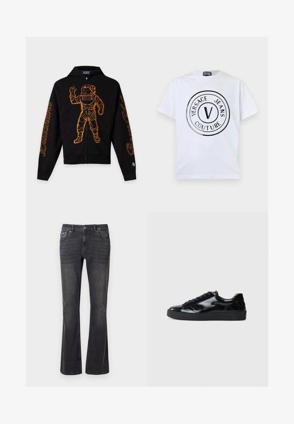 Schwarzer Kapuzenpullover mit Reißverschluss, orangefarbener Astronautengrafik vorne und orangefarbenem Schriftzug entlang beider Ärmel.; Weißes T-Shirt mit kurzen Ärmeln und schwarzem, rundem Versace Jeans Couture Logo mit dem Buchstaben "V" in der Mitte auf der Vorderseite.; Schwarze Jeans aus Denim mit ausgestelltem Design, fünf Taschen und einem Metallknopfverschluss. Der Stoff hat eine glatte Textur mit dezentem Verblassen.; Schwarze Lackledersneaker mit runder Zehenform, Schnürdesign, strukturiertem Gummisohle und glatter Oberfläche.