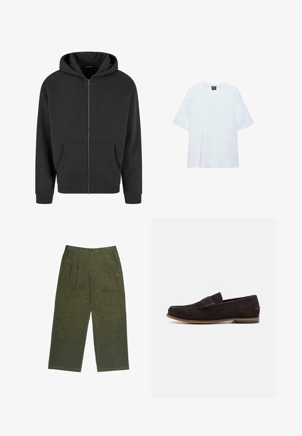 Zwarte ritshoodie van zachte stof, met een rits aan de voorkant, twee voorzakken en een capuchon met koord. Geribbelde manchetten en zoom.; Effen witte oversized T-shirt met korte mouwen, ronde halslijn en een zwart label aan de binnenkant van de kraag, op een witte achtergrond.; Olijfgroene corduroy broek met een relaxed fit, voorzien van een knoopsluiting, voorplooien en een klein geborduurd logo in het rood.; Donkerbruine suède instappers met een ronde neus, gestructureerde bovenzijde en lichtbruine rubberen zool. Heeft een decoratieve band over het vamp.