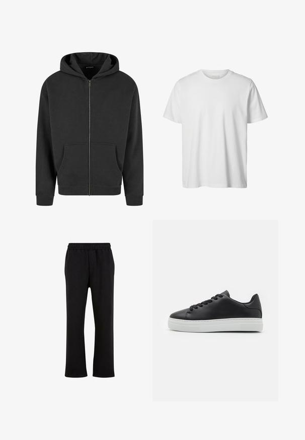 Schwarze Zip-Hoodie aus weichem Material, mit einem Frontreißverschluss, zwei Fronttaschen und einer Kapuze mit Kordelzug. Rippbündchen und Saum.; Schlichtes weißes T-Shirt mit kurzen Ärmeln und Rundhalsausschnitt, lässiger Passform und ohne sichtbare Logos oder Designs auf der Vorderseite.; Urban Classics Jogginghose - black; Schwarze Leder-Sneaker mit runder Zehe, weißer Gummisohle und schwarzen Schnürsenkeln. Verfügt über eine glatte Oberfläche und ein minimalistisches Design.