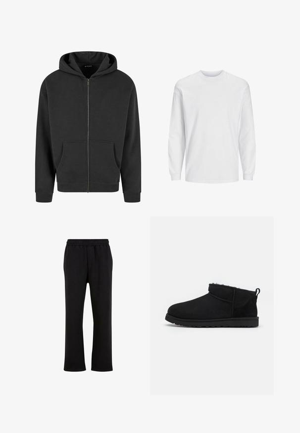 Sort zip-up hættejakke lavet af blødt stof, med en frontlynlås, to frontlommer og snoretræk i hætten. Ribbet kant ved ærmer og bund.; Langærmet hvid t-shirt lavet af bomuld. Har rund hals og ensfarvet design uden mønstre eller accenter. Blød, glat tekstur.; Urban Classics Træningsbukser - black; Sorte ruskind ankelstøvler med en blød, tekstureret foring, lavprofilgummi sål og en løkke bagpå for nem påtagning.