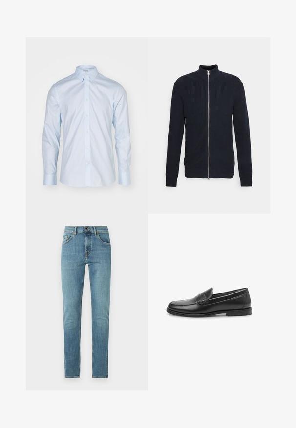 Navy Zip-up-Strickjacke mit geripptem Muster, hohem Kragen und langen Ärmeln. Verfügt über einen zentralen silbernen Reißverschluss und enge Bündchen.; Himmelblaues Langarmhemd mit klassischem Kragen, durchgehender Knopfleiste und kontrastierenden Knöpfen; aus glattem Stoff mit frischer Oberflächenstruktur gefertigt.; Hellblaue Slim-Fit-Jeans aus Denim mit fünf Taschen, Knopfverschluss und dezenten Ausbleichungen an Oberschenkeln und Knien.; Schwarzer Lederloafer mit glatter Oberfläche, genähter Detailverarbeitung und abgerundetem Zehenbereich. Flache Sohle mit minimalem Profil und klassischem Design.