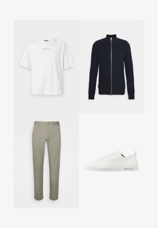 Cárdigan azul marino con cremallera y textura acanalada, cuello alto y mangas largas. Presenta una cremallera central plateada y puños ajustados.; Camiseta blanca de manga corta con cuello redondo y pequeño texto rojo "MICHAEL KORS" centrado en el pecho.; Pantalones caqui de color gris claro con un diseño de corte ajustado, que presentan un frente plano, bolsillos estándar y una textura de tela suave.; Zapatilla de cuero blanca con textura suave, puntera redonda y detalle de tira de color contrastante cerca de los cordones. Presenta una suela de goma y un logotipo en el lateral.
