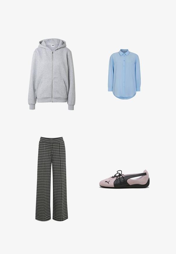 Sudadera con capucha y cremallera en gris claro, con bolsillos frontales, puños acanalados y capucha, exhibida sobre un fondo blanco liso.; Camisa de manga larga azul clara hecha de tela suave. Cuenta con un cuello, cierre frontal de botones y dobladillo redondeado. Diseño simple y limpio.; ICHI IHKATE - Pantalones - vetiver; Zapato Puma de suela blanda color rosa claro y negro con diseño abierto en el lateral y cordones negros, visto desde el lateral sobre fondo blanco.