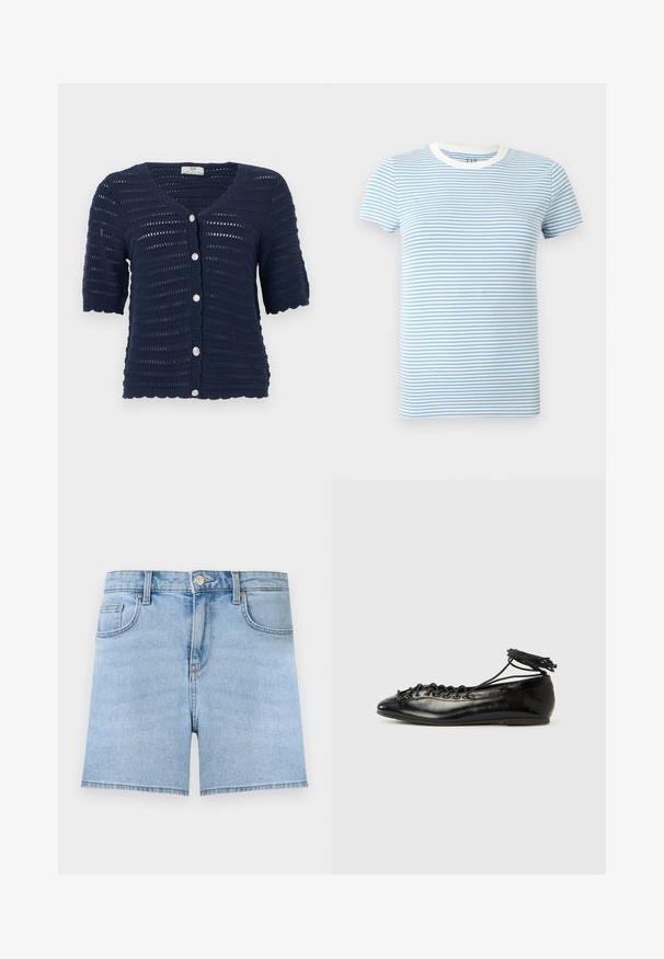 Cardigan court à manches courtes en maille bleu marine avec des rayures horizontales ajourées et cinq boutons ronds scintillants sur le devant.; T-shirt à manches courtes avec des rayures horizontales bleu clair et blanc, et un col ras du cou blanc.; Short en jean bleu clair avec bouton à l'avant, fermeture éclair, passants de ceinture et design cinq poches sur un fond uni.; Ballerines en cuir verni noir avec un bout rond, un design à lacets et une semelle plate. Texture lisse avec peu de détails.