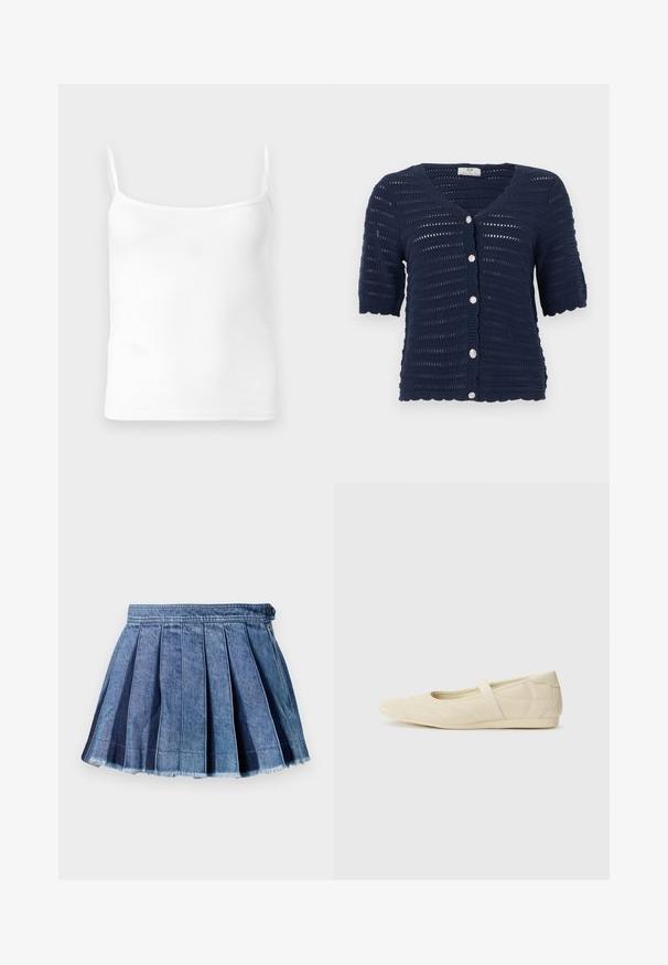 Marineblauwe gebreide korte mouwen cardigan met horizontale opengebreide strepen en vijf glinsterende ronde knopen aan de voorkant.; Witte geribbelde tanktop met dunne bandjes, ronde halslijn en een getailleerde pasvorm, gemaakt van een zachte katoenmengsel stof.; Blauwe denim geplooide minirok met een knoop- en zijritsluiting, met een rafelige zoomdetail.; Beige ballerina's met een gladde leren buitenkant, amandelvormige punt en elastische band over de wreef, met subtiele stiksels.