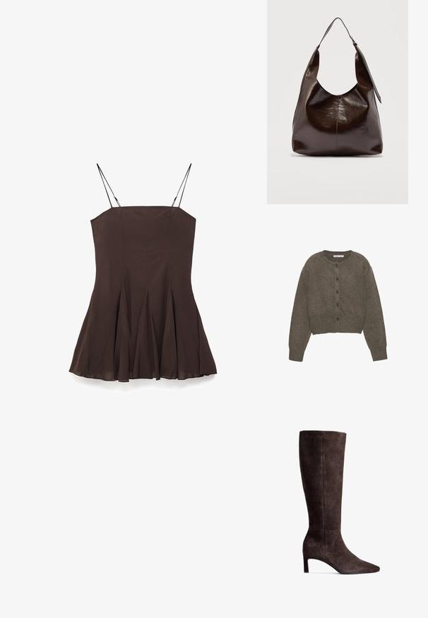 Braune Strickjacke mit Knöpfen, langen Ärmeln und rundem Ausschnitt, flach auf weißem Hintergrund liegend.; Braun ärmelloses Kleid mit engem Oberteil und Faltenrock in A-Linie. Verfügt über dünne verstellbare Träger und eine glatte Stoffstruktur.; Braune Wildlederkniehohe Stiefel mit spitzer Zehe und 7,5 cm hohem Absatz. Glatte Textur, elegante Silhouette und minimalistisches Design.; Dunkelbraune glänzende Lederschultertasche mit einem breiten einzelnen Riemen und Schnallendetail auf einer Seite, vor einem schlichten hellen Hintergrund.