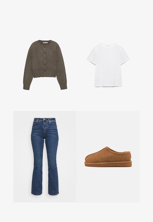 Brun strikket cardigan med knapper, lange ærmer og rund hals, lagt fladt på en hvid baggrund.; Hvid, kortærmet T-shirt med rund hals og lige kant, vist på en hvid baggrund.; Højtaljede blå jeans lavet af denim. Flared ben-design med knaplukning og lommer. Har en klassisk vask og syning detaljer.; Brune ruskindsindslipper med rund tå, lav bagkant og struktureret overflade. Udstyret med en syet søm og en flad gummisål til indendørs brug.