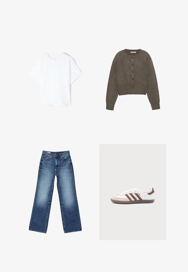 Braune Strickjacke mit Knöpfen, langen Ärmeln und rundem Ausschnitt, flach auf weißem Hintergrund liegend.; Schlichtes weißes Baumwoll-T-Shirt mit kurzen Ärmeln und Rundhalsausschnitt, flach auf weißem Hintergrund dargestellt.; Blaue Jeans mit weitem Bein, ausgestattet mit vorderen und Münztaschen, Knopfverschluss und ausgewaschenen Bereichen an Oberschenkeln und Knien.; Weißer Adidas Samba Sneaker mit braunen Veloursstreifen, brauner Velourspitze und Gummisohle auf hellgrauem Hintergrund.