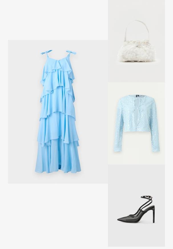 Cárdigan corto azul claro con mangas largas, patrón floral de lentejuelas y dos cierres delanteros con lazos.; Vestido maxi azul cielo con volantes en capas, tirantes ajustables y una silueta fluida. Está hecho de una tela ligera con una textura suave.; Zapato de tacón alto negro con punta afilada, combinación de malla y piel brillante, correa en el tobillo con detalle de hebilla, silueta elegante.; Pequeño bolso blanco con rosas de tela que cubren su cuerpo y una delgada correa única como asa, sobre un fondo liso.