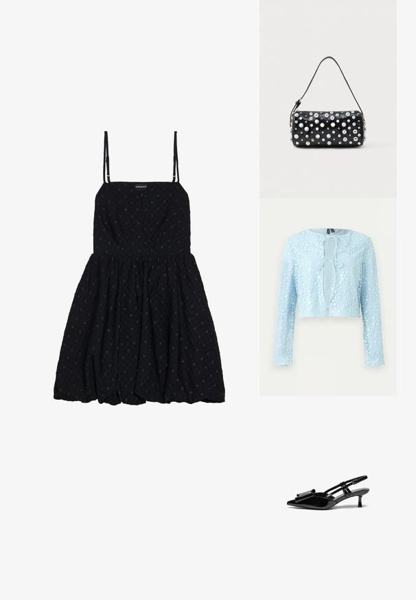 Lyseblå cropped cardigan med lange ærmer, blomster palietmønster og to frontbindelukninger.; Even&Odd by Zalando Cocktailkjole / festkjole - black; Sorte patenterede læderslingbacks med spids tå, en sløjfedetalje foran og en lille stilettohæle. Remmene har justerbare spænder.; Sort læderhåndtaske med rund form, dekoreret med sølvnitter. Har en aftagelig rem og lynlås. Glat tekstur.