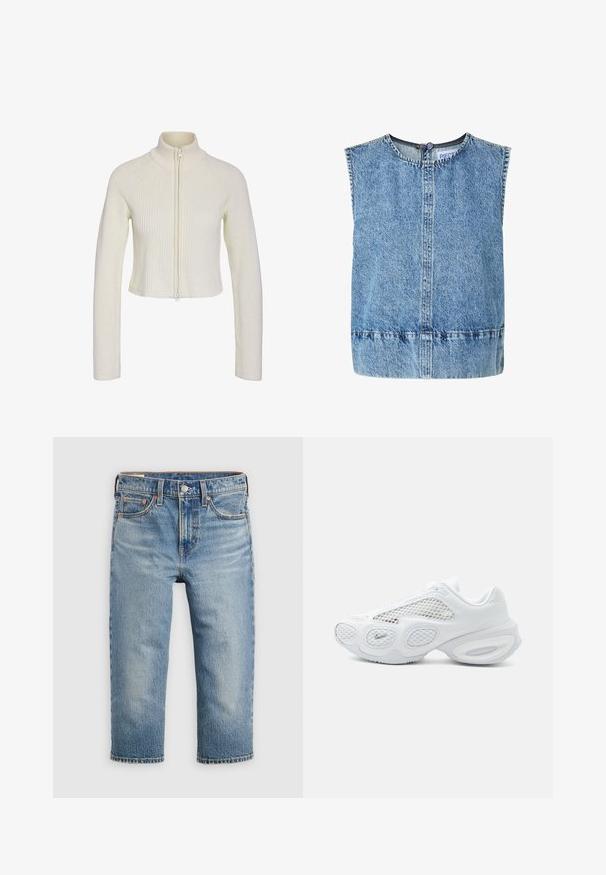 Korte cremede striktrøje med høj krave, fuld lynlås foran og ribbestrik. Har lange ærmer og en tætsiddende pasform.; Ærmeløs lyseblå denimvest med rund halsudskæring, detaljeret med en søm foran og knaplukning bag på nakken.; Lyseblå denimjeans med afslappet pasform, kort længde, fem lommer og lukning med metalknap. Falmet struktur med diskrete syningsdetaljer.; Hvid atletiksneaker med mesh-paneler, rundet såldesign og lille Nike-logo nær tåen på en ensfarvet lys baggrund.