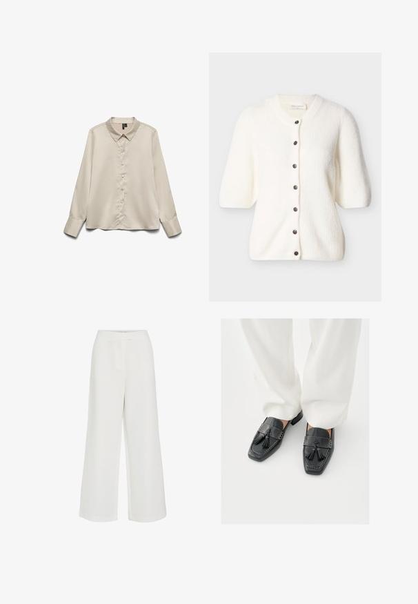 Hvid ribbet kortærmet cardigan med rund halsudskæring og syv mørke knapper foran.; Lys beige langærmet blouse lavet af glat stof, med spidse kraver, fuld knaplukning og enknapsmanchetter.; Hvide bukser med vide ben, høj talje og et rent, minimalistisk design, front sømdetalje og uden synlige lukninger eller lommer.; Sorte læderloafer med kvaster, firkantede tæer og dekorative syninger, kombineret med hvide bukser med vide ben.