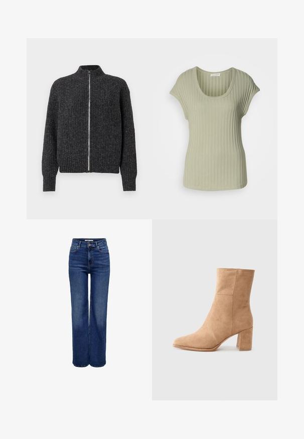 Mørkegrå strikket sweater med høj krave, fuld frontlynlås og ribbet struktur, med lange ærmer og tætsiddende kant.; Lys grøn ribbet kortærmet bluse med rund hals, der har en blød tekstur og tætsiddende design. Lavet af strækbart stof for komfort.; Jeans med høj talje og vide ben i mørkeblå denim, med knaplukning, fem lommer og kontrastsyninger.; Beige ruskinds ankelstøvle med spids tå, blokhæl og glat tekstur. Har minimal syning for et rent design.