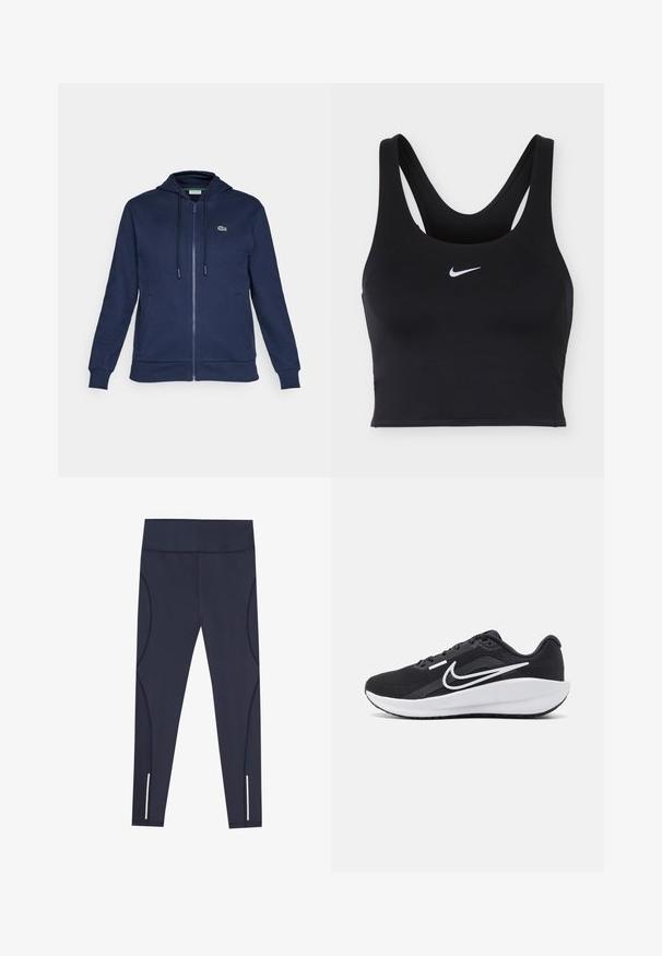 Marineblå zip-hoodie med snor i hætten, blødt materiale, ribbede manchetter og et lille grønt logo på venstre bryst.; Sort Nike sports-bh med brede stropper og hvid Nike swoosh-logo centreret foran.; Navy blå leggings lavet af strækbart stof, med en høj talje og buede sidesømme, samt reflekterende detaljer ved anklerne.; Sort sportssko med mesh-overdel, hvide detaljer, polstret sål og et strømlinet design. Har en rund tå og flad ydersål.