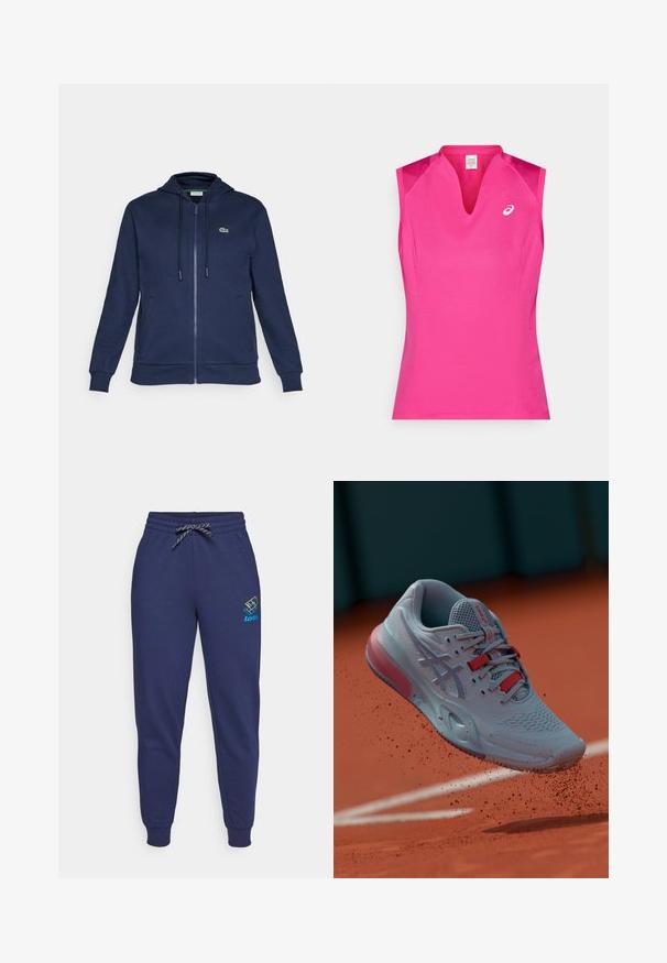 Tume sinine kapuutsiga sviiter, millel on eemaldatav kapuuts, pehme tekstuur, soonikkoes ääred ning väike roheline logo vasakul rinnal.; Varrukateta sportlik top erkroosas värvitoonis, millel on V-kaelus. Valmistatud siledast, kergest kangast, millel on õrn läige ja logodetail.; Tumed sinised dressipüksid, millel on nööriga vöökoht ja ankle cuffs. Vasakul reitel on säravates värvides Lotto logo. Valmistatud pehmest kangast.; Helesinine tennisejalanõu tekstureeritud ülemise osaga, punaste detailidega ja poolläbipaistva tallaga, õhus liivapinnast kõrgemal.