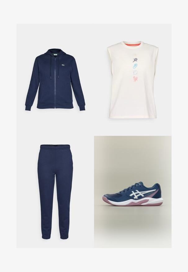 Marineblå zip-hoodie med snor i hætten, blødt materiale, ribbede manchetter og et lille grønt logo på venstre bryst.; Lyscremet bomulds ærmeløs t-shirt med rund hals, prydet med farverige broderede ikoner: muslingeskal, tennisracket, spiral, bold, høne.; Marineblå svedbukser med elastisk talje og ankelsnøre, set forfra, lavet af blødt stof til afslappet brug.; Marineblå atletiksko med hvid og pink sål, hvidt logo på siden, snøredesign og meshdetaljer på tåen og siderne.