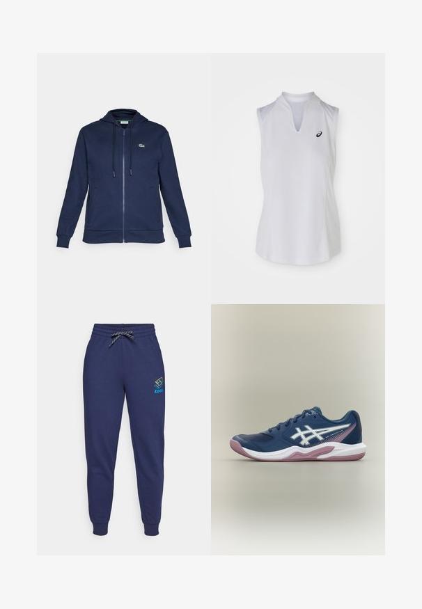 Marineblå zip-hoodie med snor i hætten, blødt materiale, ribbede manchetter og et lille grønt logo på venstre bryst.; Hvid ærmeløs atletisk top med V-udskæring og sidelæg. Har et lille sort logo på venstre bryst. Glat tekstur og tætsiddende design.; Mørkeblå sweatpants med snor i taljen og ankelsyninger. Har et Lotto-logo i livlige farver på venstre lår. Lavet af blødt stof.; Marineblå atletiksko med hvid og pink sål, hvidt logo på siden, snøredesign og meshdetaljer på tåen og siderne.