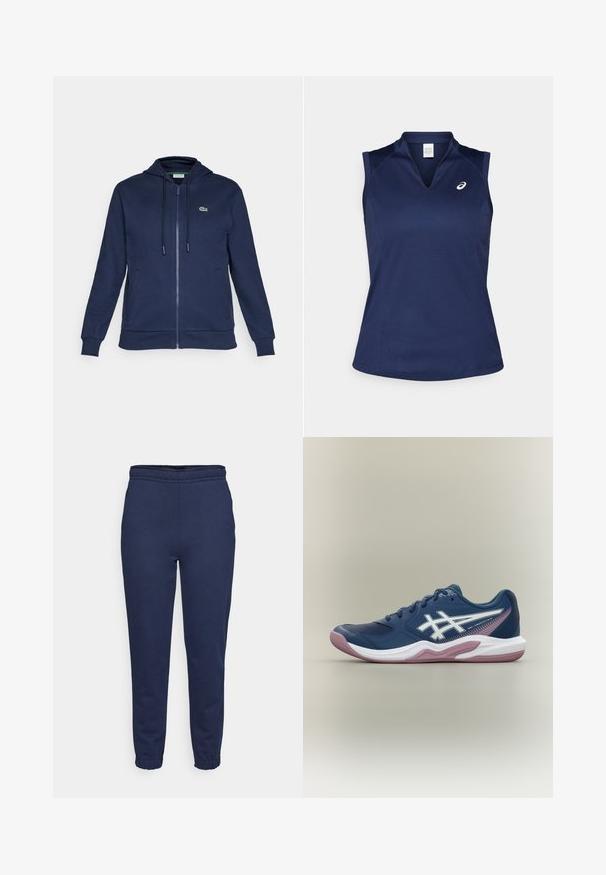 Sudadera con cremallera color marino, con capucha ajustable, textura suave, puños acanalados y un pequeño logo verde en el lado izquierdo del pecho.; Top deportivo sin mangas en color navy con cuello en V, hecho de una tela suave y que absorbe la humedad; cuenta con costuras planas y un pequeño logo en el lado izquierdo del pecho.; Pantalones de chándal azul marino con cintura elástica y puños en los tobillos, vista frontal, hechos de una tela suave para el uso casual.; Zapatilla deportiva azul marino con suela blanca y rosa, logo blanco en el lateral, diseño con cordones y detalles de malla en la puntera y laterales.