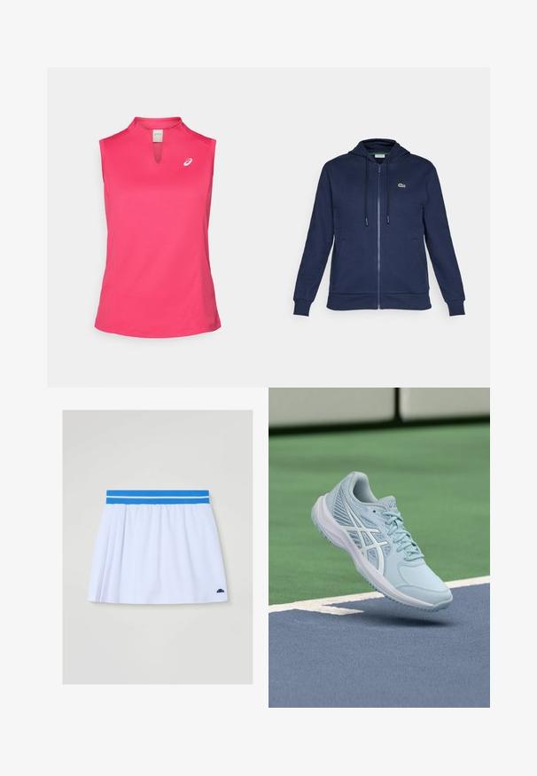 Marinefarbener Zip-Hoodie mit Kapuze und Kordelzug, weicher Textur, gerippten Bündchen und einem kleinen grünen Logo auf der linken Brust.; ASICS COURT TANK - Top - bright rose; Weißer Faltenrock mit blauem elastischem Bund und zwei weißen Streifen, mit einem kleinen schwarzen Logo nahe dem unteren Saum.; Hellblauer Sportschuh mit Mesh-Obermaterial, strukturierten Details und einer gepolsterten Sohle, der über einer blauen Spielfläche schwebt.