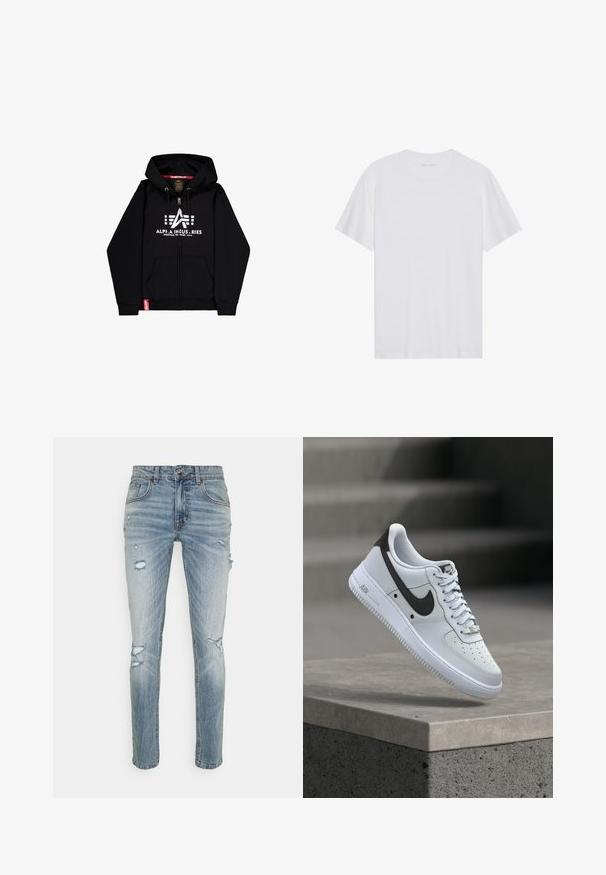 Sort zip-up hoodie lavet af bomuldsblanding, med et stort hvidt logo og tekst på brystet, to forlommer og et rødt mærketag.; Hvid bomulds T-shirt med korte ærmer, rund hals og en glat tekstur. Har minimal branding på halsudskæringen.; Lysblå denim jeans med slim fit, der har slidte huller, fem lommer, knaplukning og subtile falmninger overalt.; Hvid Nike Air Force 1 sneaker med sort swoosh-logo, svævende over en betonforkant med slørede trapper i baggrunden.
