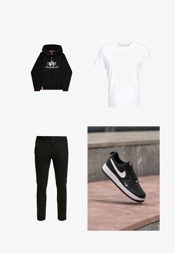 Sweat à zip noir en mélange de coton, avec un grand logo blanc et du texte sur la poitrine, deux poches avant et une étiquette de marque rouge.; T-shirt en coton blanc avec un col rond et des manches courtes, au fit classique et à la texture lisse. Aucun motif ni accessoire visible.; Pantalon noir slim-fit en tissu doux. Il possède une fermeture éclair à bouton, deux poches latérales et une texture lisse et épurée.; Baskets Nike Air Force 1 noir et blanc suspendues au-dessus d'une surface en béton rose avec un fond en pierre grise.