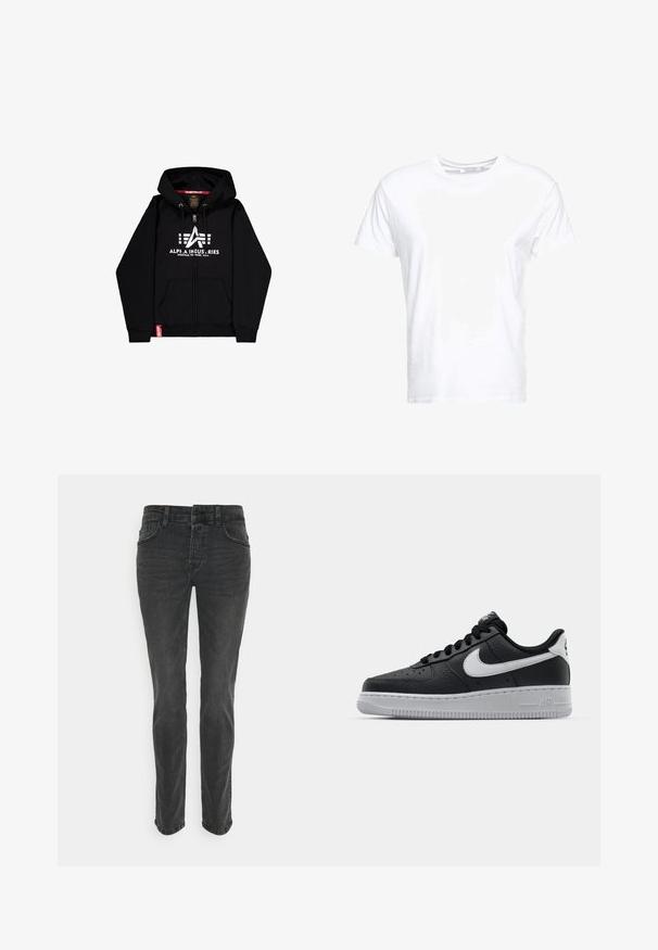 Sweat à zip noir en mélange de coton, avec un grand logo blanc et du texte sur la poitrine, deux poches avant et une étiquette de marque rouge.; T-shirt en coton blanc avec un col rond et des manches courtes, au fit classique et à la texture lisse. Aucun motif ni accessoire visible.; Jeans en denim noir avec une coupe droite, cinq poches et des coutures discrètes. Le tissu a une finition lisse et légèrement texturée.; Baskets en cuir noir avec surface texturée, swoosh Nike blanc, semelle grise, bout rond et design à lacets. Comprend des perforations sur la boîte à orteils.
